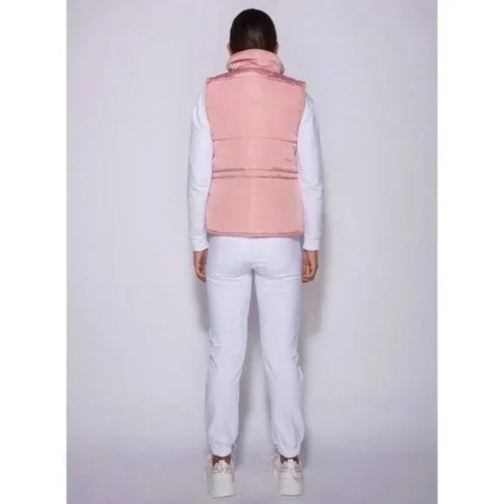 Pink Sleeveless Collared Double Breasted Padded Puffer Jacket Vest Gilet - Picture 7 of 16
